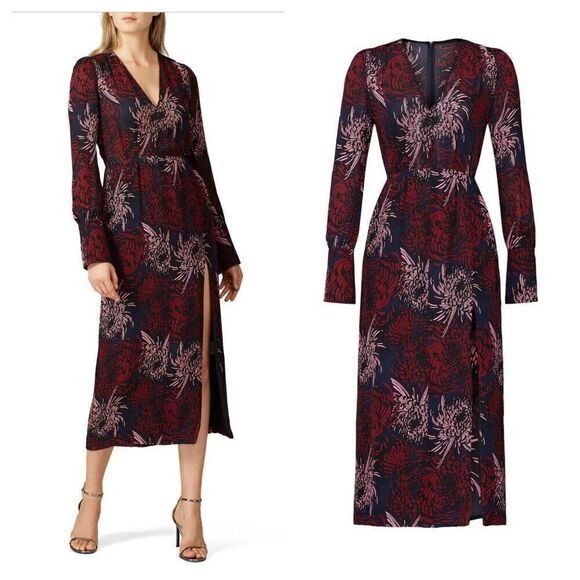 NEW A.L.C. Bailey Pleated Floral Print Silk Midi Dress in Navy Red Women's 10 - Picture 1 of 7